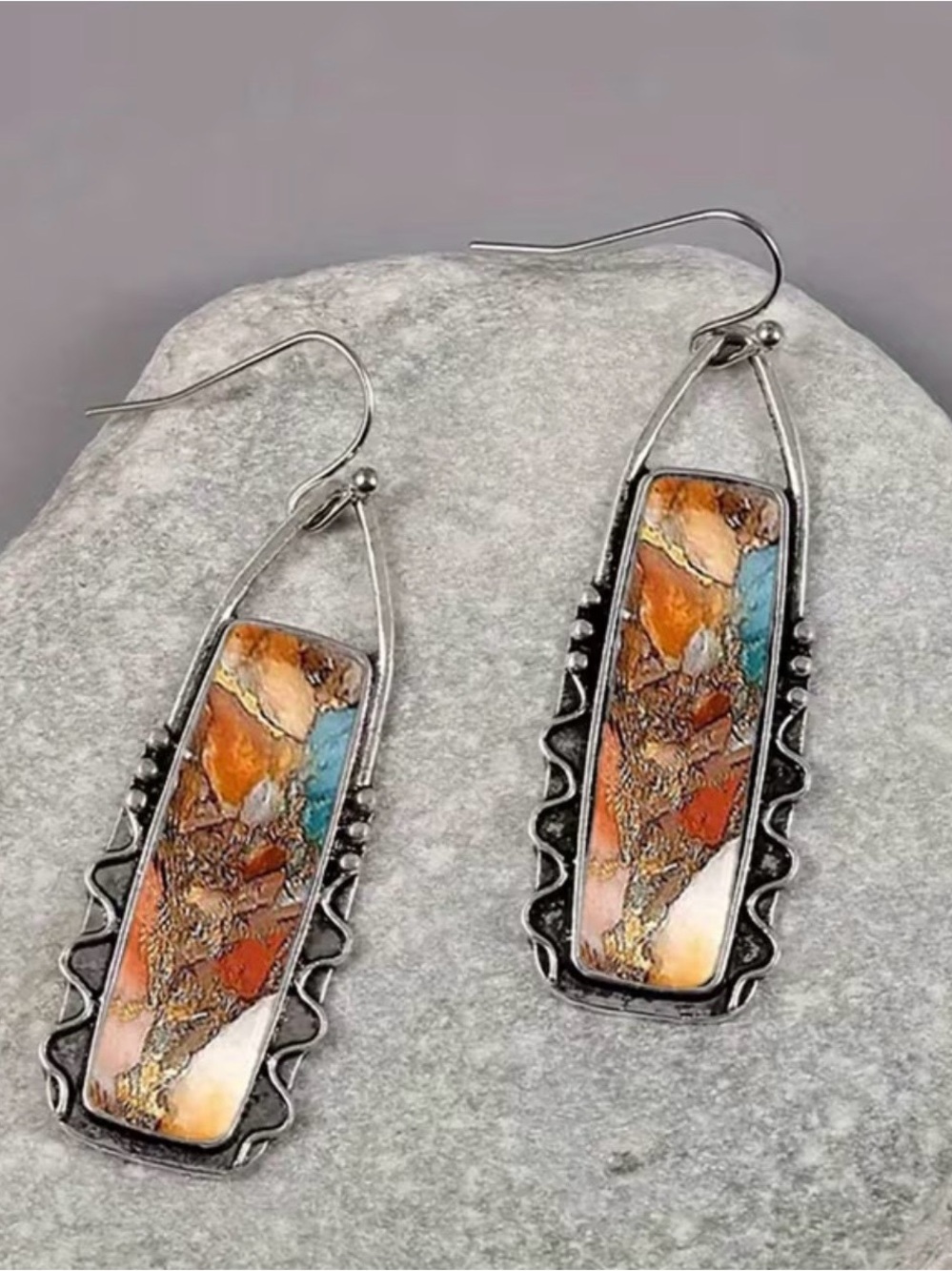 Sterling Silver Multicolor Inlay Drop Earrings - Women